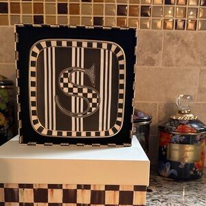 Mackenzie Childs Black and White Striped Monogram Plate